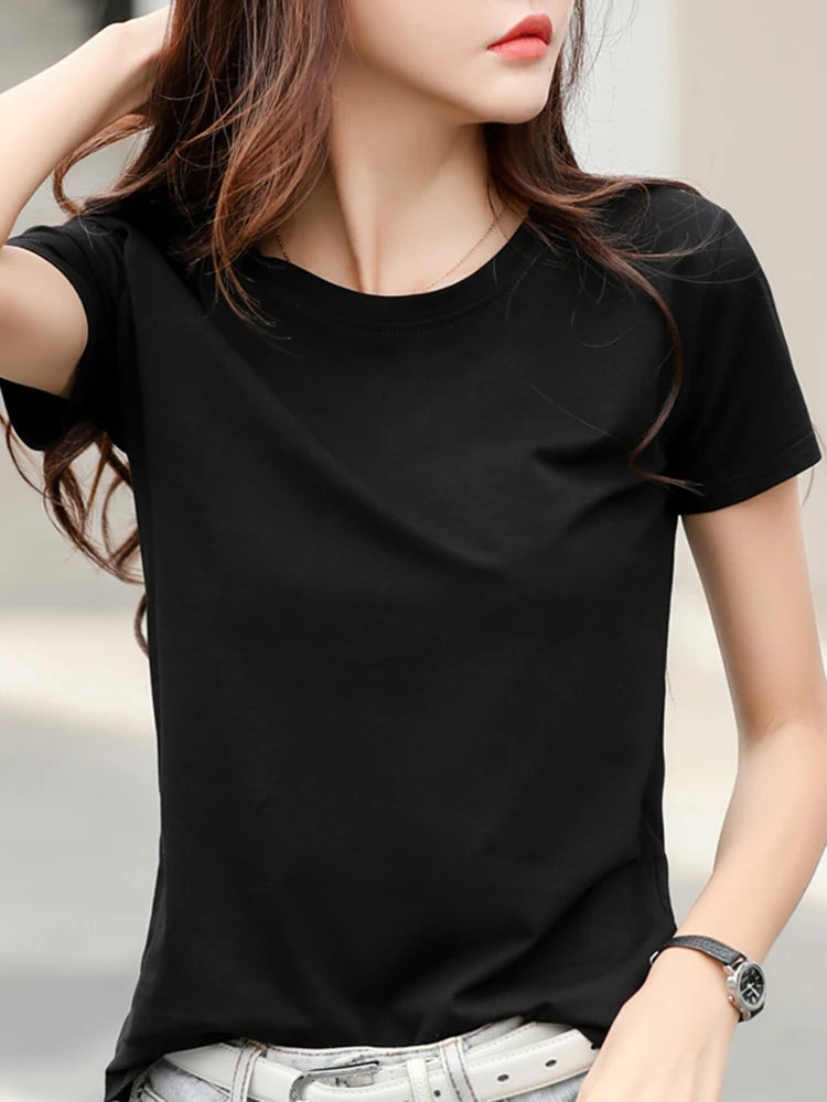 2025 Summer Short Sleeve O-Neck Cotton Pink T-Shirt Women Solid Color Elegant Tshirts Lady Slim Soft Casual Fashion Tops