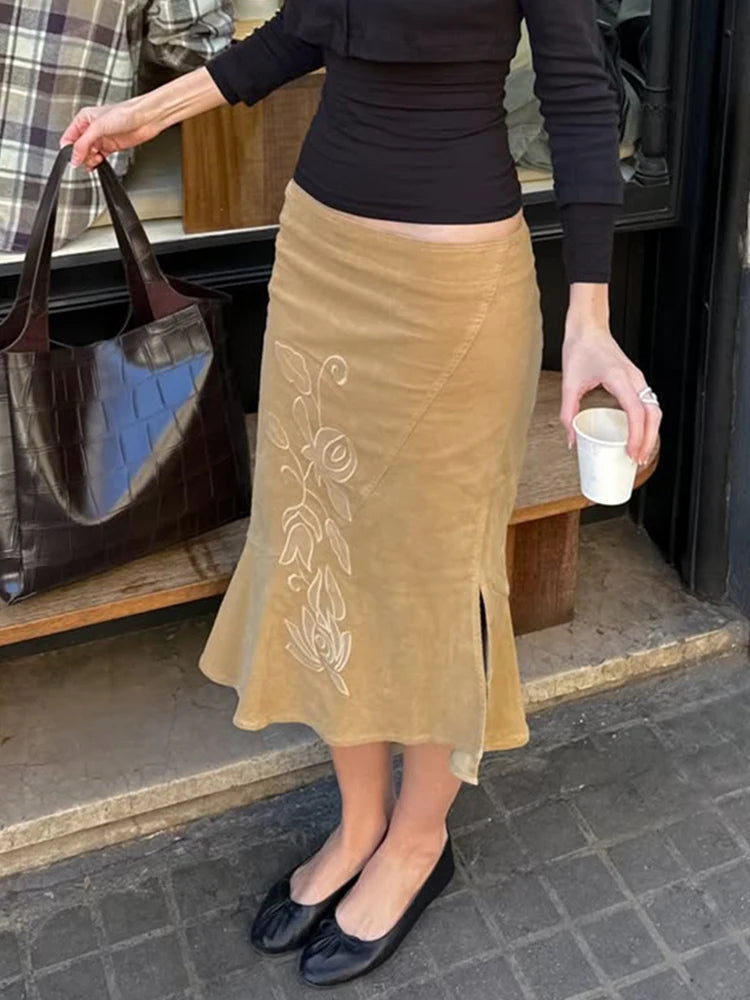 Trendix Women's Vintage Midi Skirt 2026 Summer High Waist Slim Ruffle Fishtail Skirts Party Side Slit Elegant Embroidery Skirt