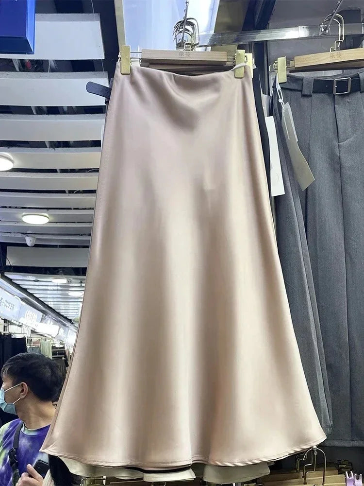Elegant Women‘s Skirts High Waist Satin Silk Long Skirt Office Ladies Korean Fashion Solid Champagne Fishtail A-line Skirt Women
